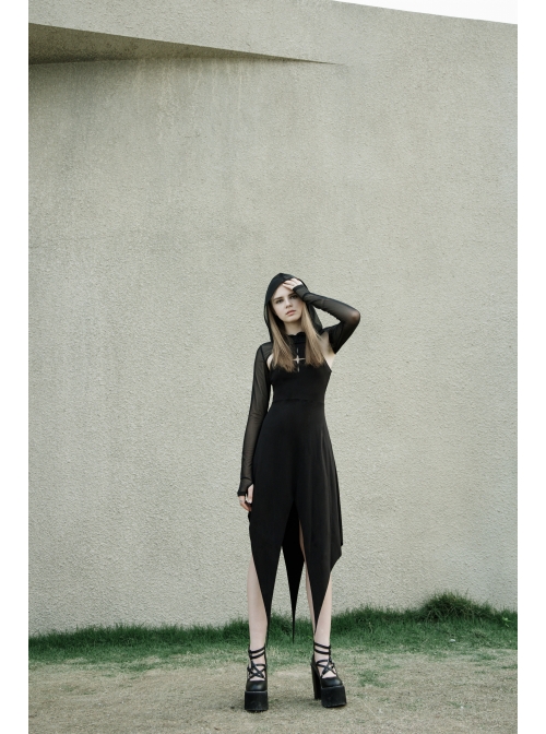Black Gothic Front Chest Hollow-Out Irregular Shape Corner Hem Mesh Hooded Jacket Two-Piece Dress