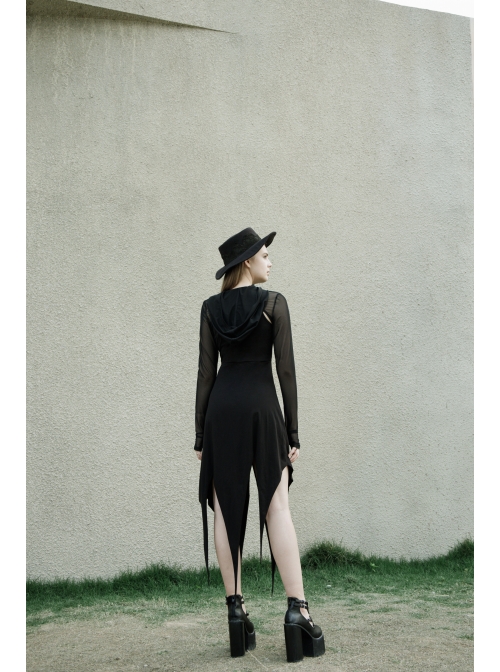 Black Gothic Front Chest Hollow-Out Irregular Shape Corner Hem Mesh Hooded Jacket Two-Piece Dress