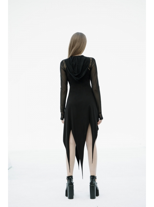 Black Gothic Front Chest Hollow-Out Irregular Shape Corner Hem Mesh Hooded Jacket Two-Piece Dress