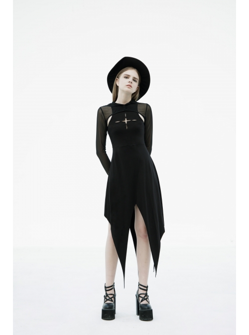 Black Gothic Front Chest Hollow-Out Irregular Shape Corner Hem Mesh Hooded Jacket Two-Piece Dress