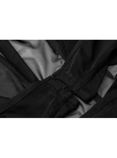 Black Gothic Front Chest Hollow-Out Irregular Shape Corner Hem Mesh Hooded Jacket Two-Piece Dress