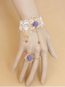 Fashion Lolita Butterfly Rose Purple Flower White Lace Bridesmaid Female Bracelet With Ring One Chain