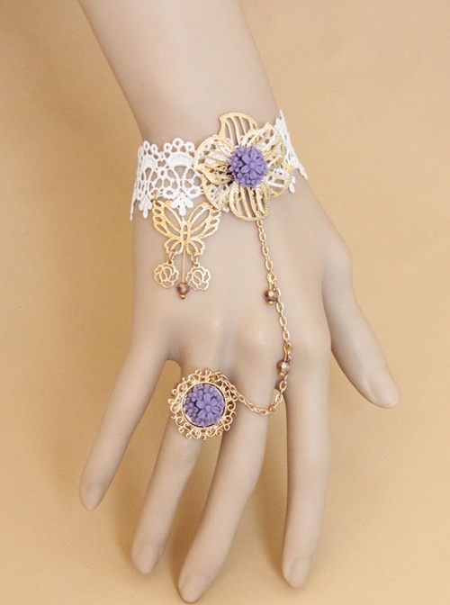 Fashion Lolita Butterfly Rose Purple Flower White Lace Bridesmaid Female Bracelet With Ring One Chain