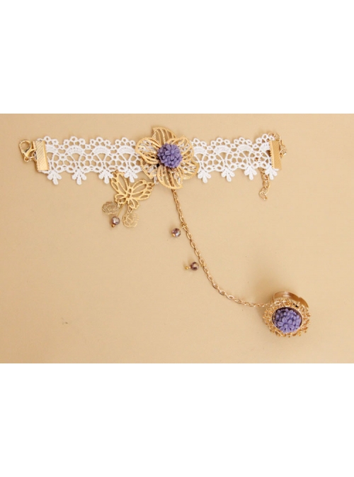 Fashion Lolita Butterfly Rose Purple Flower White Lace Bridesmaid Female Bracelet With Ring One Chain