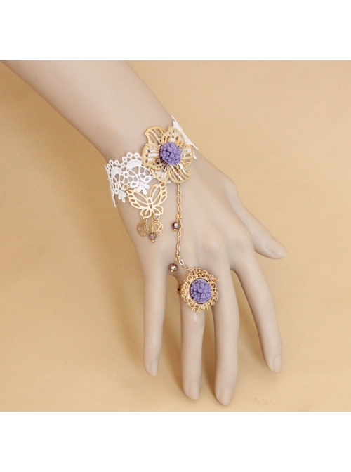 Fashion Lolita Butterfly Rose Purple Flower White Lace Bridesmaid Female Bracelet With Ring One Chain