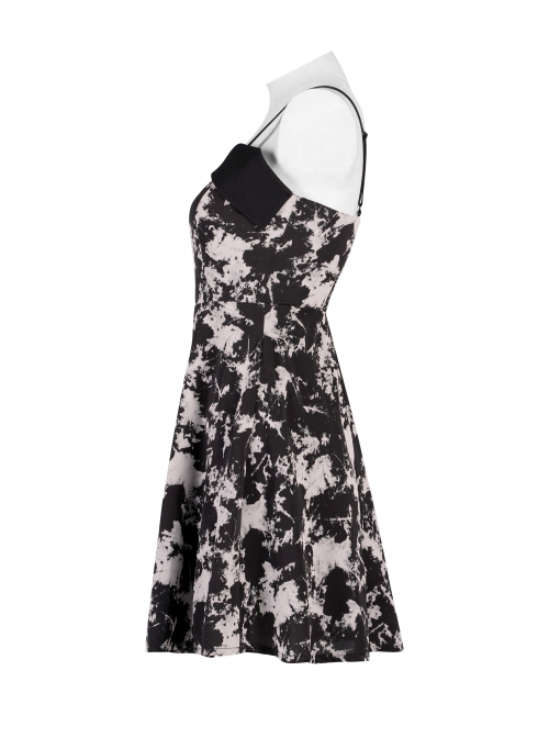 Black Punk Folding Collar A-Shape Print Slip Dress