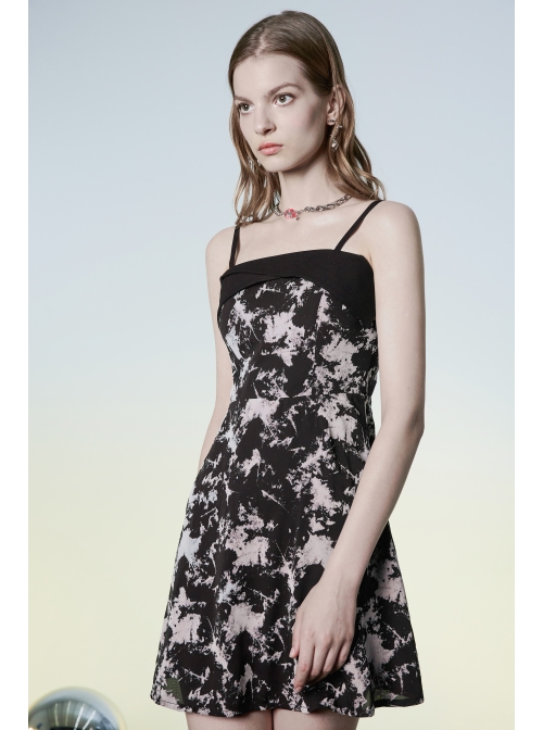 Black Punk Folding Collar A-Shape Print Slip Dress