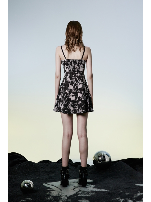 Black Punk Folding Collar A-Shape Print Slip Dress