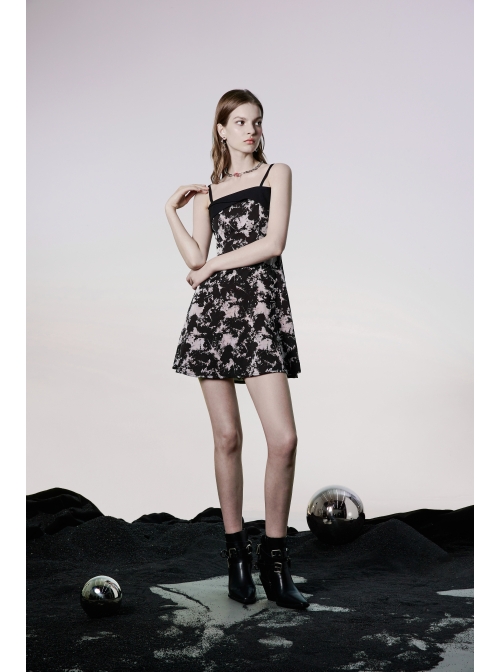 Black Punk Folding Collar A-Shape Print Slip Dress