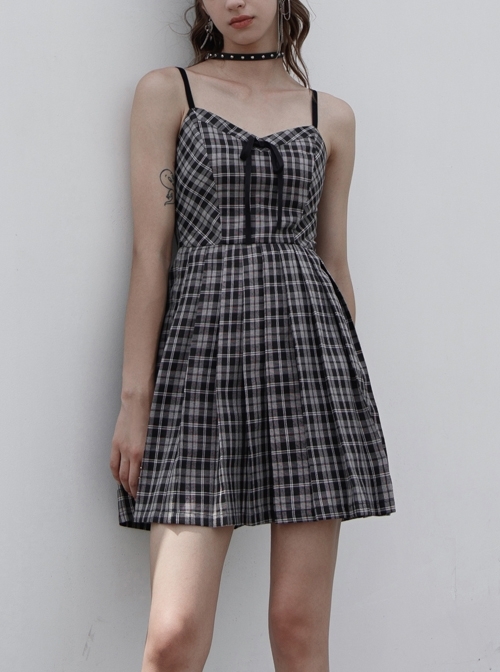 Front Chest Bow Decoration White Plaid Punk Slip Dress