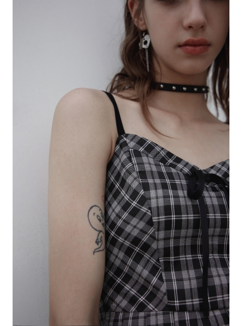 Front Chest Bow Decoration White Plaid Punk Slip Dress