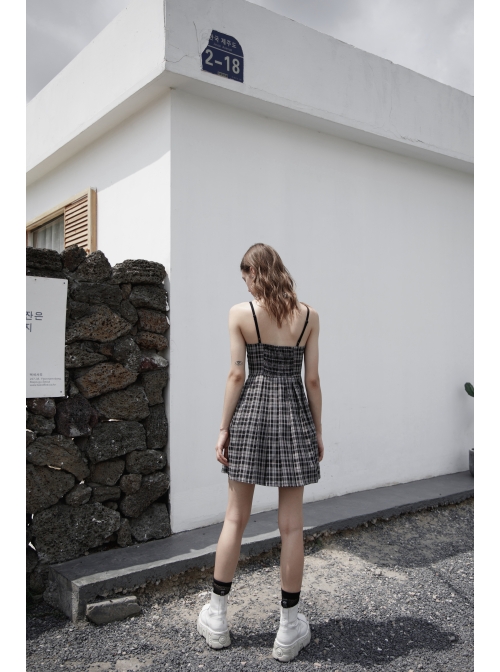 Front Chest Bow Decoration White Plaid Punk Slip Dress