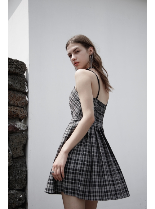 Front Chest Bow Decoration White Plaid Punk Slip Dress