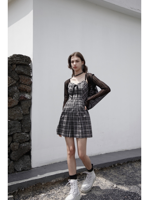 Front Chest Bow Decoration White Plaid Punk Slip Dress