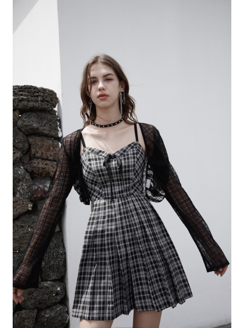 Front Chest Bow Decoration White Plaid Punk Slip Dress