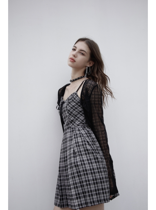 Front Chest Bow Decoration White Plaid Punk Slip Dress