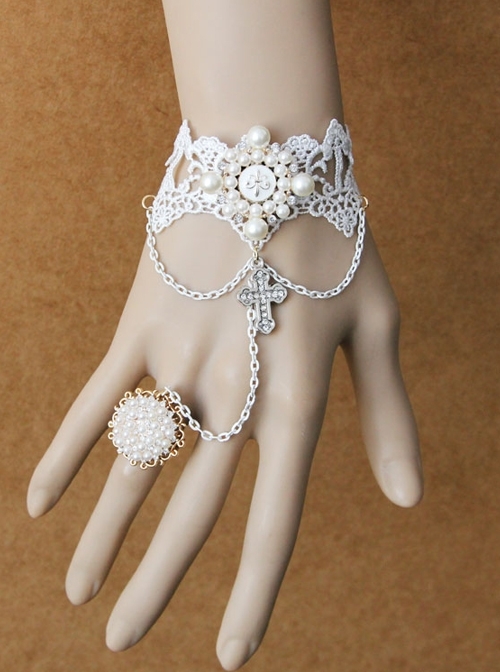 Lolita Palace Style Retro Female White Lace Pearl Cross Bracelet With Ring One Chain