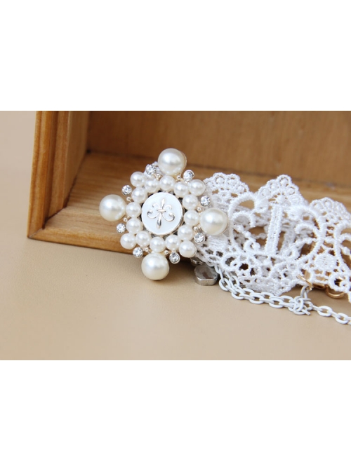 Lolita Palace Style Retro Female White Lace Pearl Cross Bracelet With Ring One Chain