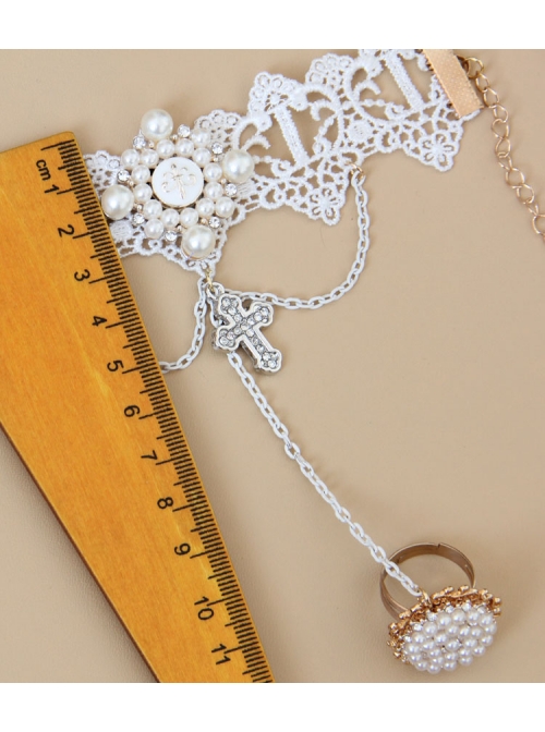 Lolita Palace Style Retro Female White Lace Pearl Cross Bracelet With Ring One Chain