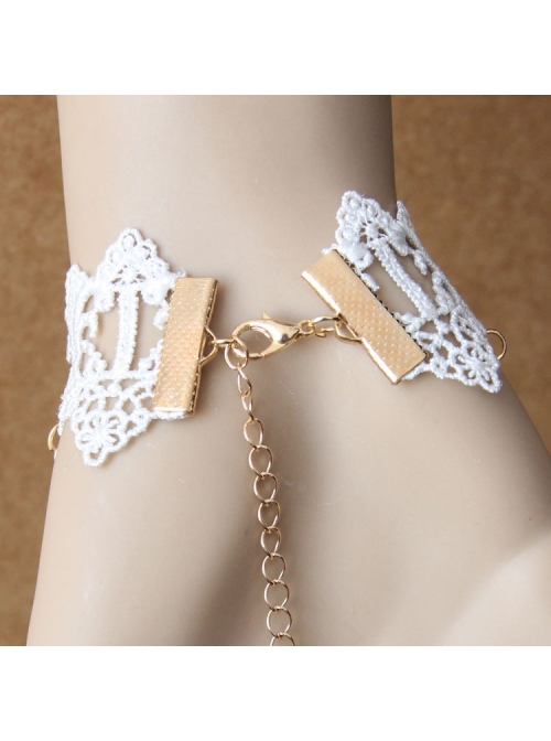 Lolita Palace Style Retro Female White Lace Pearl Cross Bracelet With Ring One Chain