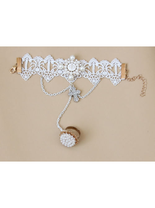 Lolita Palace Style Retro Female White Lace Pearl Cross Bracelet With Ring One Chain