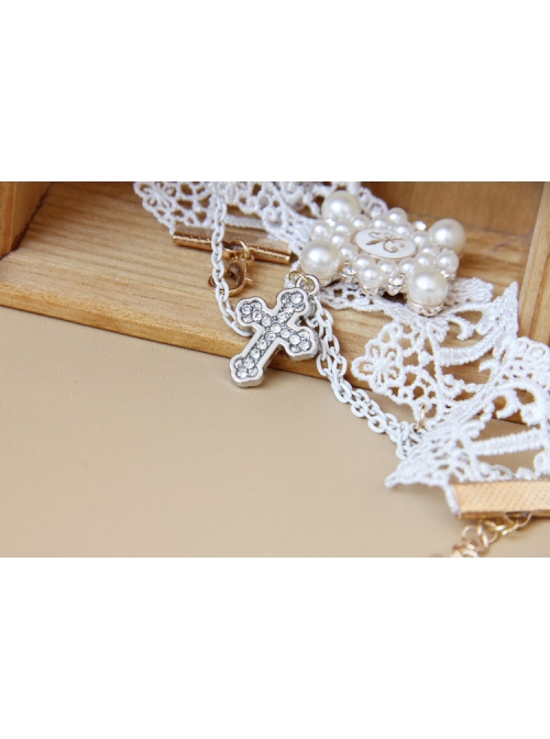Lolita Palace Style Retro Female White Lace Pearl Cross Bracelet With Ring One Chain