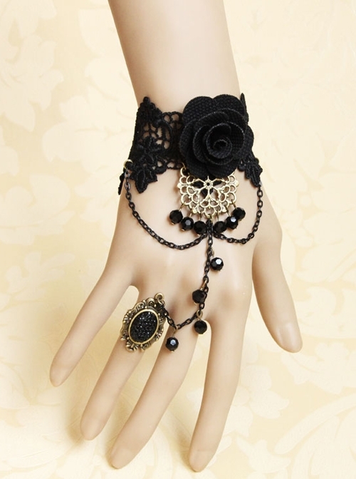 Black Lace Gothic Fashion Retro Rose Flower Crystal Female Bracelet With Ring One Chain