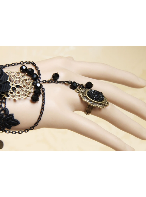Black Lace Gothic Fashion Retro Rose Flower Crystal Female Bracelet With Ring One Chain