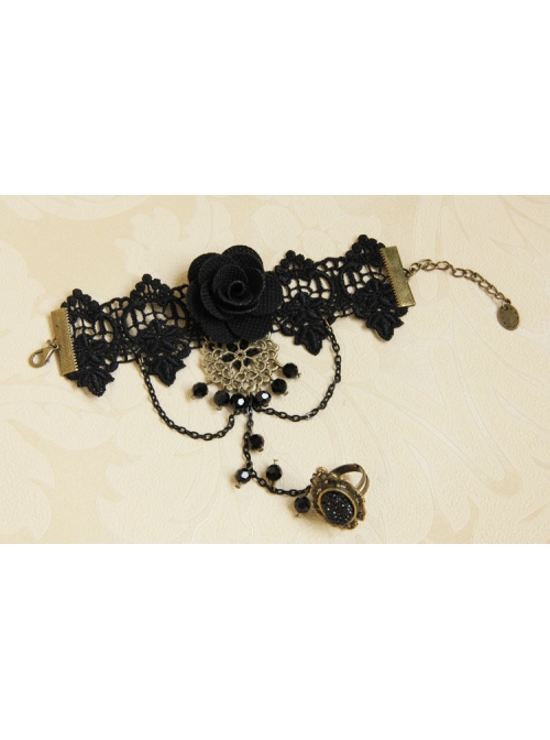 Black Lace Gothic Fashion Retro Rose Flower Crystal Female Bracelet With Ring One Chain