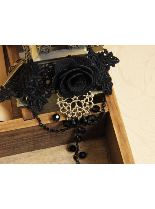Black Lace Gothic Fashion Retro Rose Flower Crystal Female Bracelet With Ring One Chain