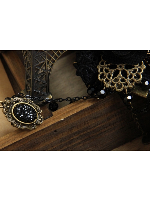 Black Lace Gothic Fashion Retro Rose Flower Crystal Female Bracelet With Ring One Chain