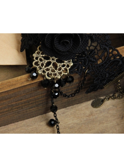 Black Lace Gothic Fashion Retro Rose Flower Crystal Female Bracelet With Ring One Chain