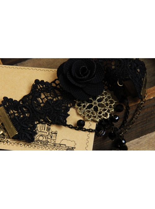 Black Lace Gothic Fashion Retro Rose Flower Crystal Female Bracelet With Ring One Chain
