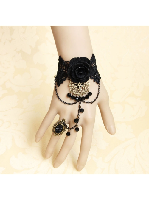 Black Lace Gothic Fashion Retro Rose Flower Crystal Female Bracelet With Ring One Chain