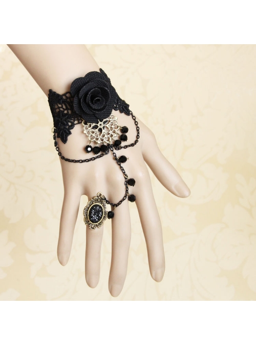 Black Lace Gothic Fashion Retro Rose Flower Crystal Female Bracelet With Ring One Chain
