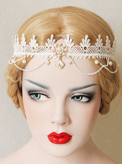 Lolita Fashion Cute Wedding Bride White Lace Pearl Crown Christmas Party Hairband
