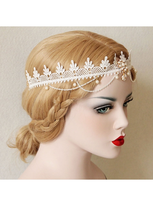 Lolita Fashion Cute Wedding Bride White Lace Pearl Crown Christmas Party Hairband