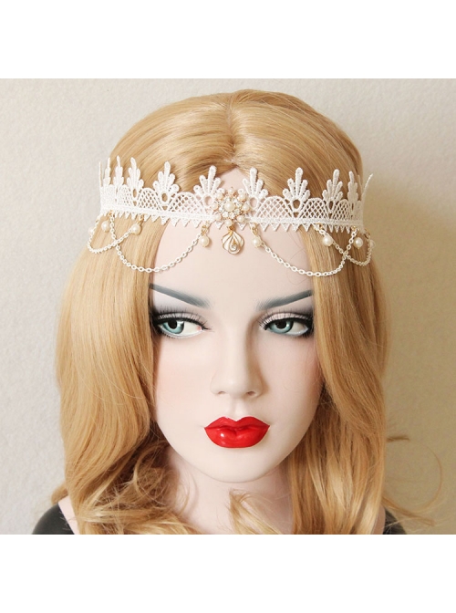 Lolita Fashion Cute Wedding Bride White Lace Pearl Crown Christmas Party Hairband