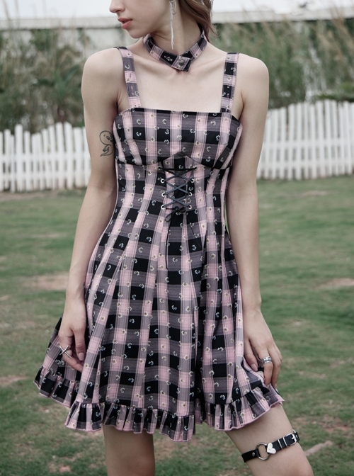 Retro Collar Front Waist Lace-Up Frill Hem Pink Plaid Print Punk Slip Dress