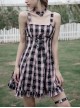 Retro Collar Front Waist Lace-Up Frill Hem Pink Plaid Print Punk Slip Dress