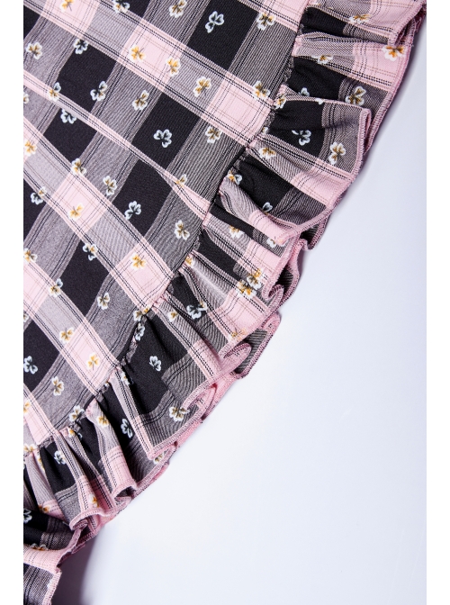 Retro Collar Front Waist Lace-Up Frill Hem Pink Plaid Print Punk Slip Dress
