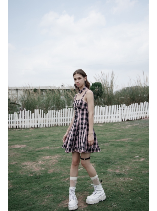 Retro Collar Front Waist Lace-Up Frill Hem Pink Plaid Print Punk Slip Dress