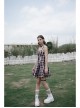 Retro Collar Front Waist Lace-Up Frill Hem Pink Plaid Print Punk Slip Dress