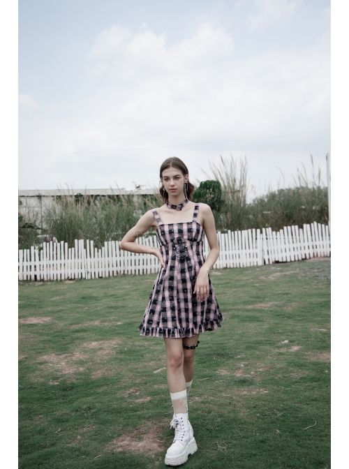 retro punk dresses Retro Collar Front Waist Lace-Up Frill Hem Pink Plaid Print Punk Slip Dress