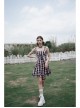 Retro Collar Front Waist Lace-Up Frill Hem Pink Plaid Print Punk Slip Dress