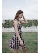 Retro Collar Front Waist Lace-Up Frill Hem Pink Plaid Print Punk Slip Dress