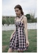 Retro Collar Front Waist Lace-Up Frill Hem Pink Plaid Print Punk Slip Dress