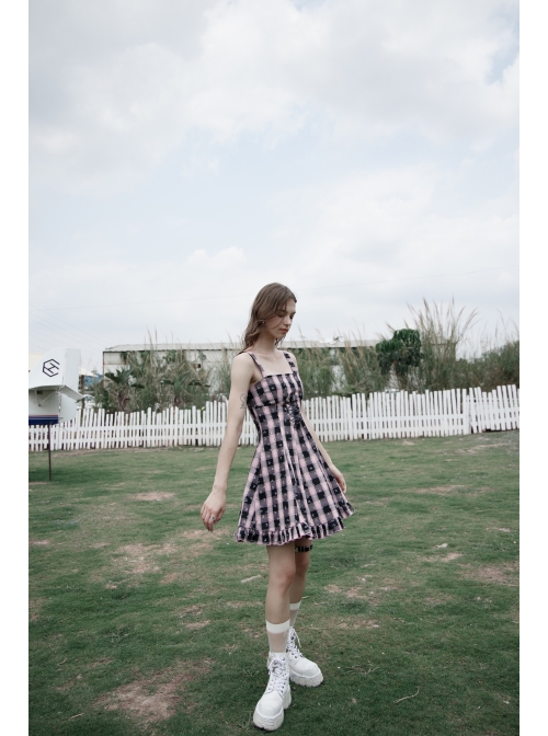 Retro Collar Front Waist Lace-Up Frill Hem Pink Plaid Print Punk Slip Dress