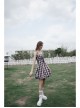Retro Collar Front Waist Lace-Up Frill Hem Pink Plaid Print Punk Slip Dress