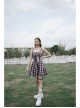 Retro Collar Front Waist Lace-Up Frill Hem Pink Plaid Print Punk Slip Dress